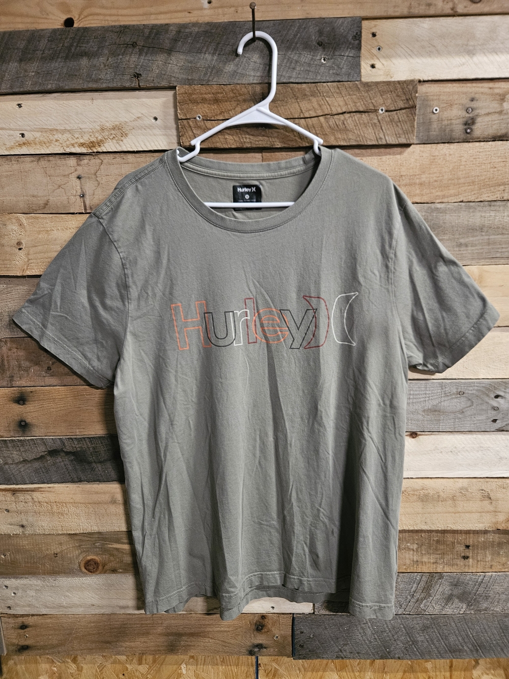 Hurley Olive Green Short Sleeve Logo Tee with Orange Outline